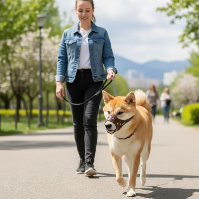 Promenade au parc avec la muselière pour chien