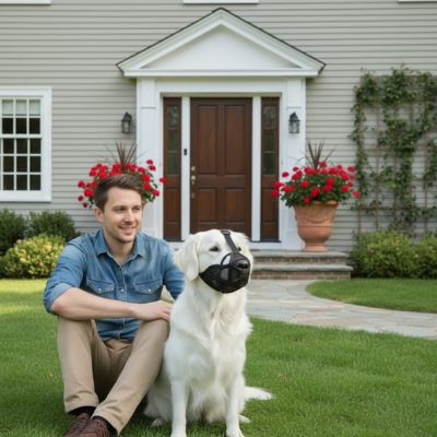 Devant la maison avec la muselière pour chien