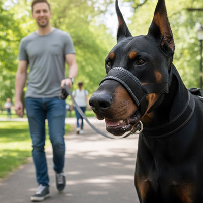 doberman et sa muselière en promenade