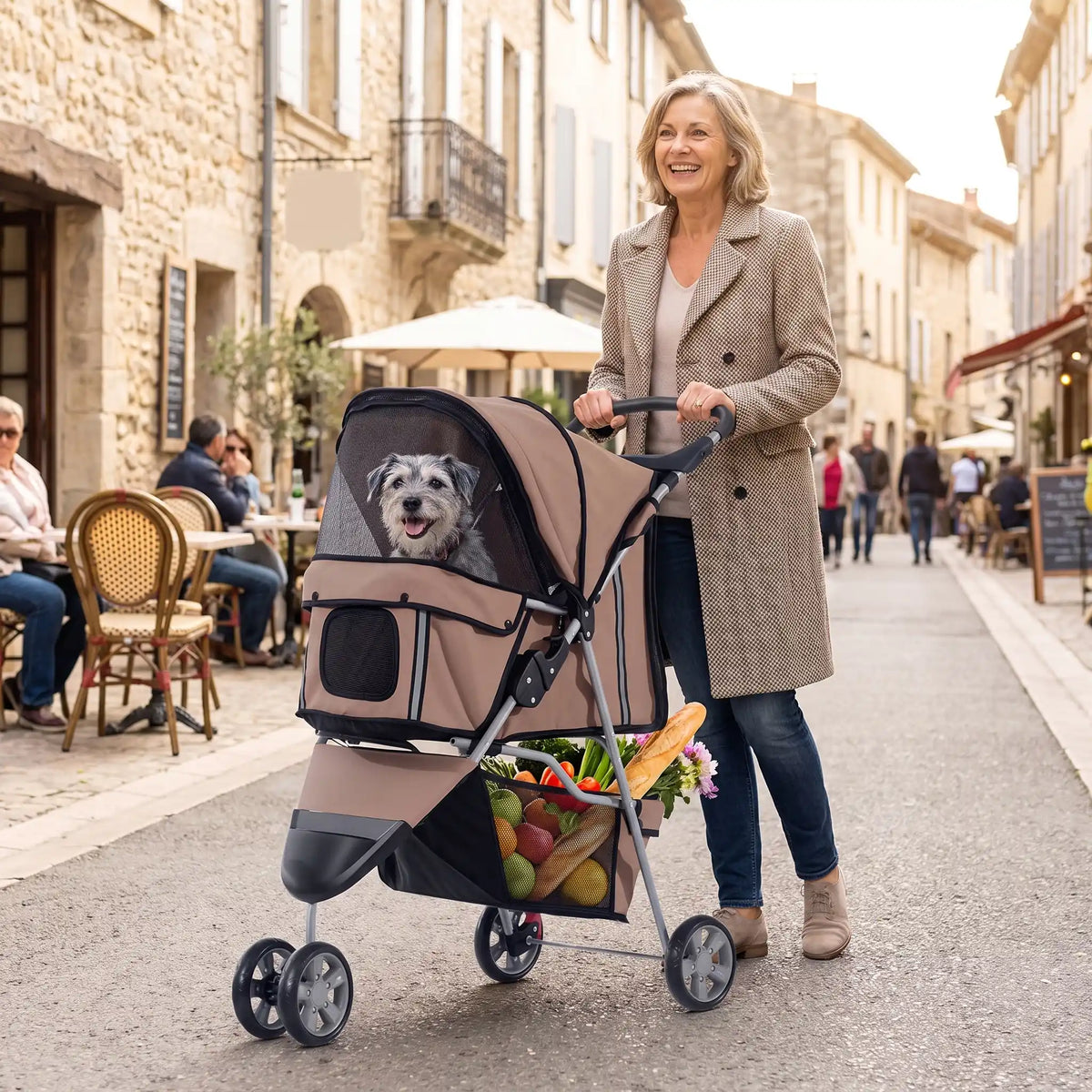 Poussette à chien femme dans une rue animée