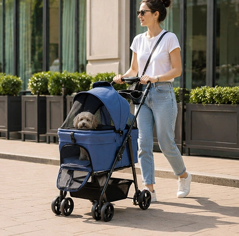 poussette pour chien bleue en ville