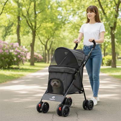 Poussette pour chien en promenade sécurisée