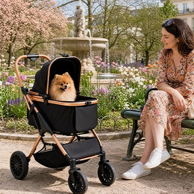 Poussette pour chien au jardin public
