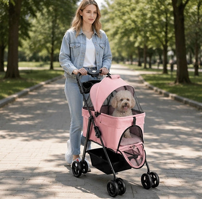 poussette pour chien rose au parc