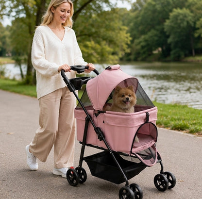 poussette pour chien rose en bord de rivière