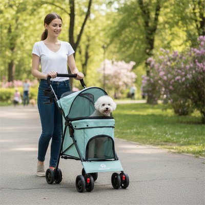 Poussette pour chien turquoise en promenade au parc
