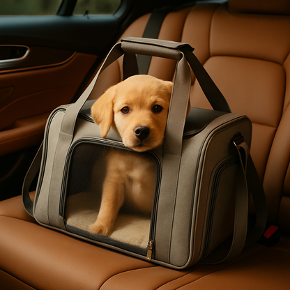 jeune chiot sort la tête de son sac de transport gris en voiture