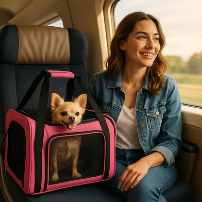 petit chien dans son sac de transport rose dans le train avec sa maitresse