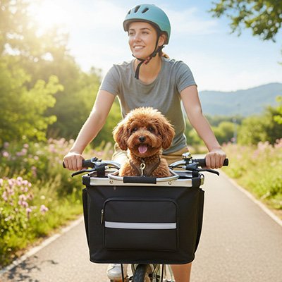 Vélo panier chien campagne